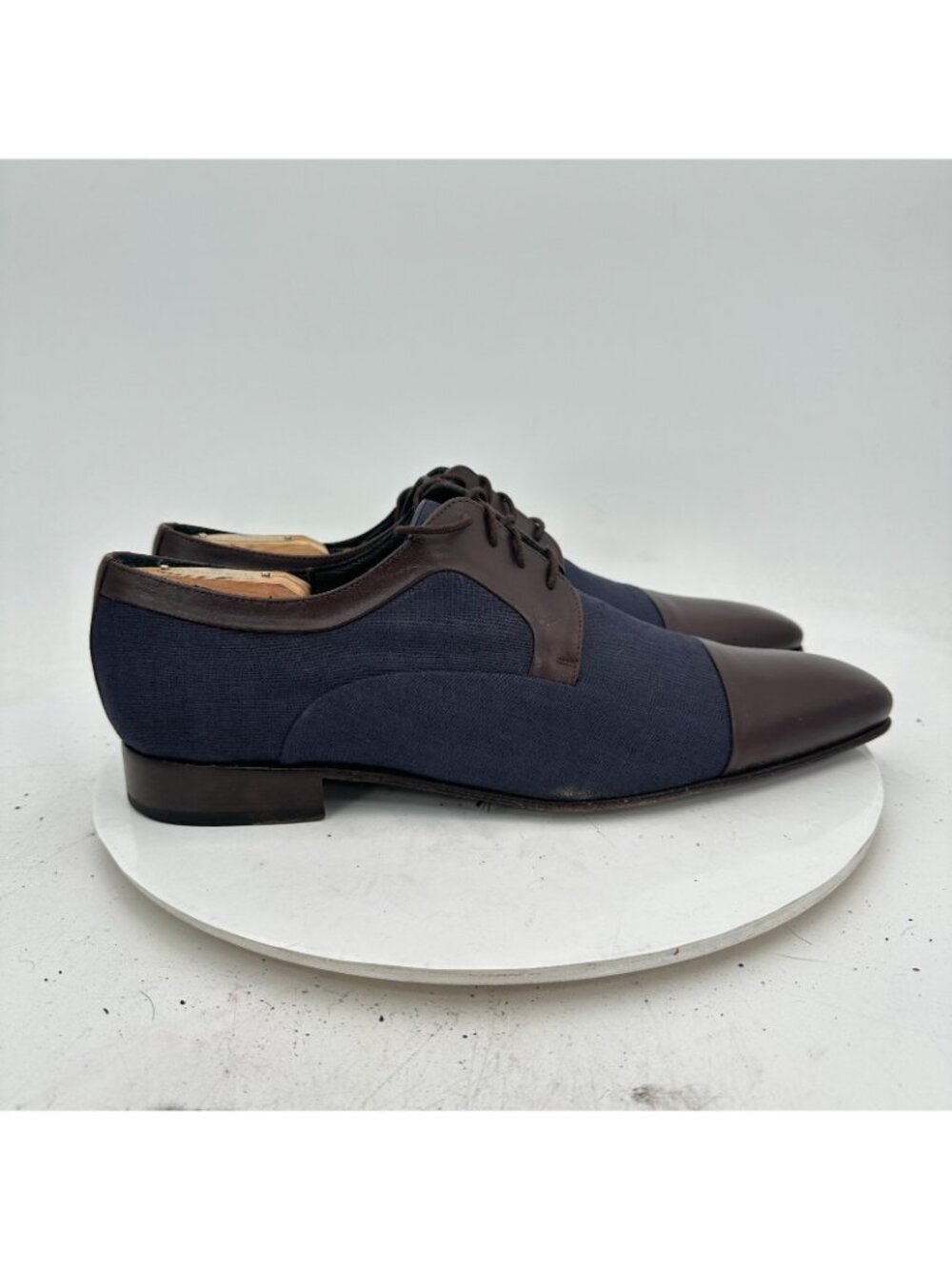 Heyraud Men Size EU 44 US 10 Blue Denim Brown Leather Cap Toe Derby Dress Shoes - Picture 4 of 11